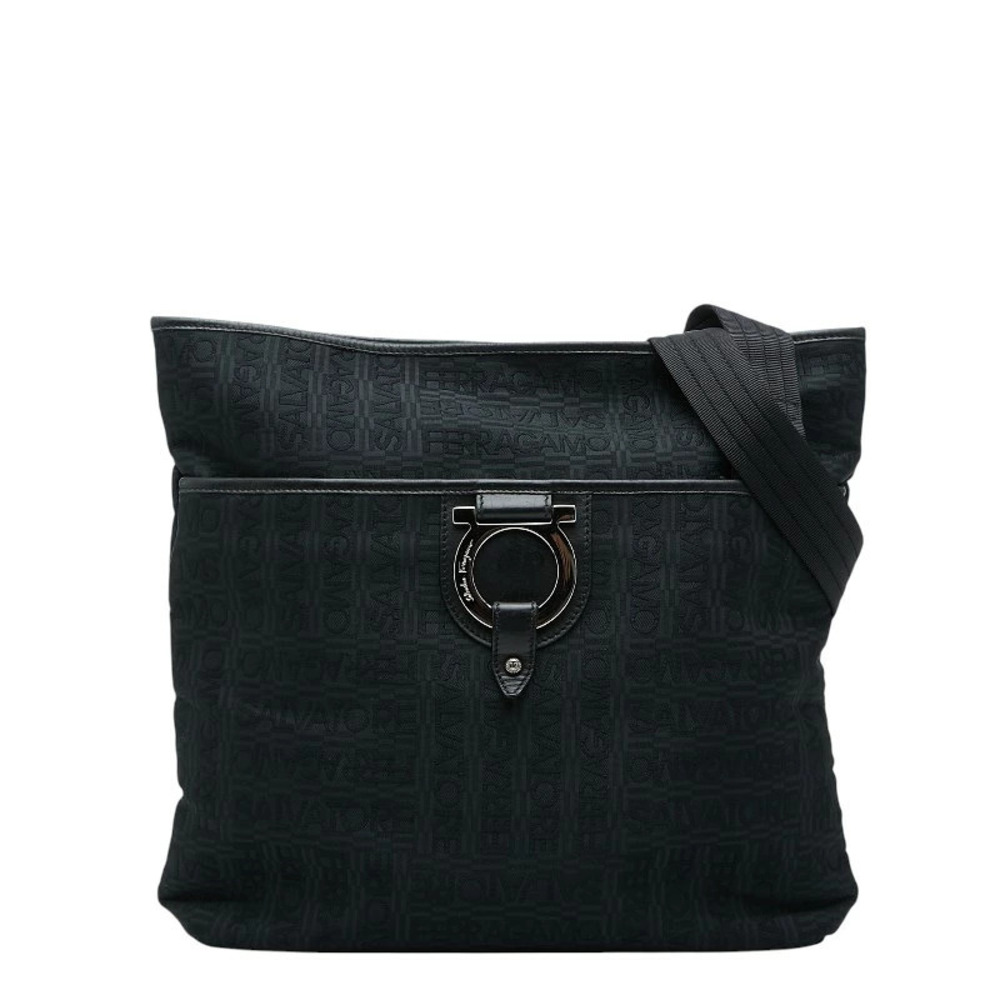 Salvatore Ferragamo Gancini Shoulder Bag Black Canvas Leather